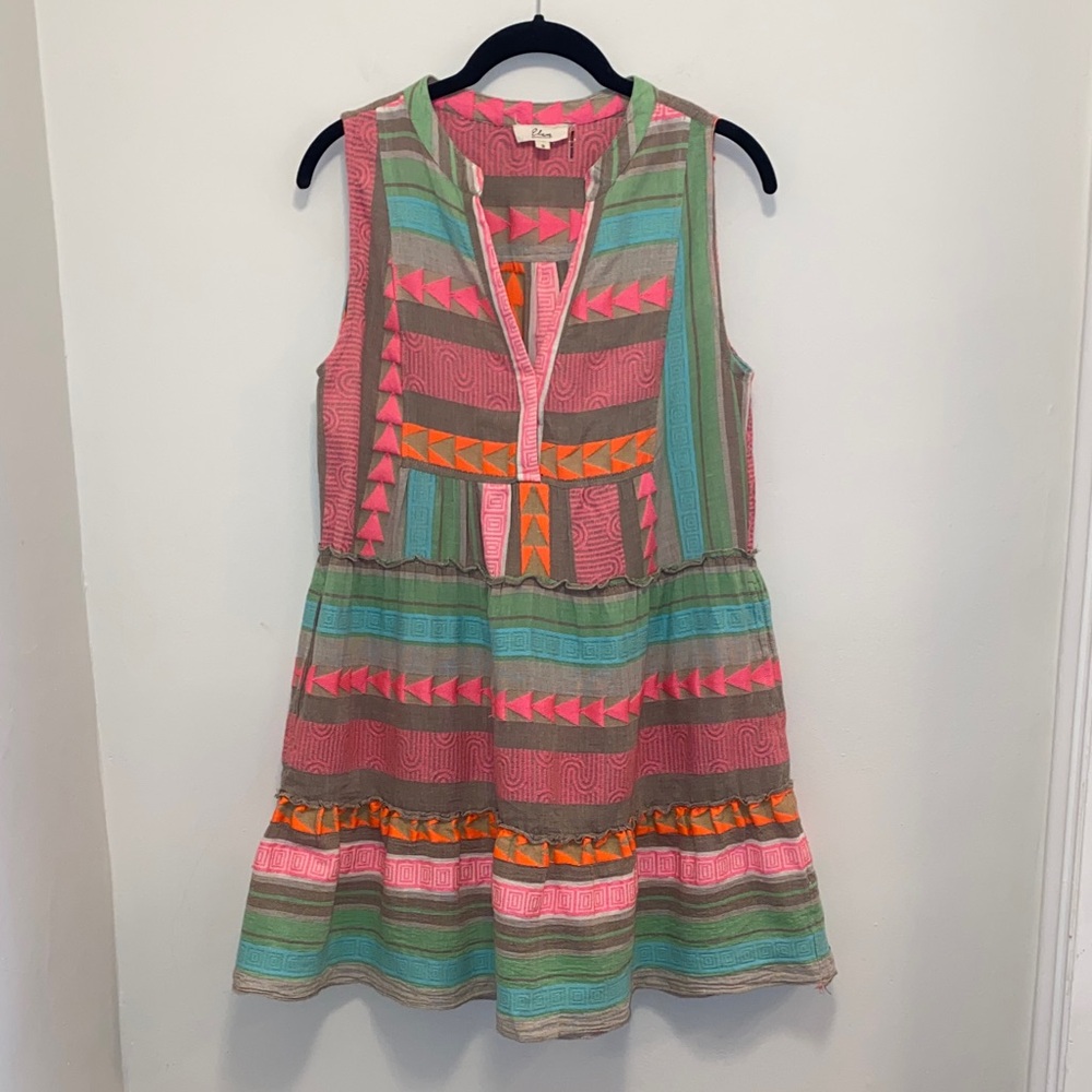 Elan Colorful Sleeveless A-Line Dress with Geometric Patterns